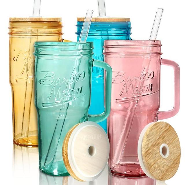 ANOTION Colored Glass Cups with Handle Set of 4, 24oz Glass Cups with Lids and Straws Travel Coffee Mug Bamboo Mason Jar Iced Cup Smoothie Tea Clear Cute Water Drinking Jars Glasses