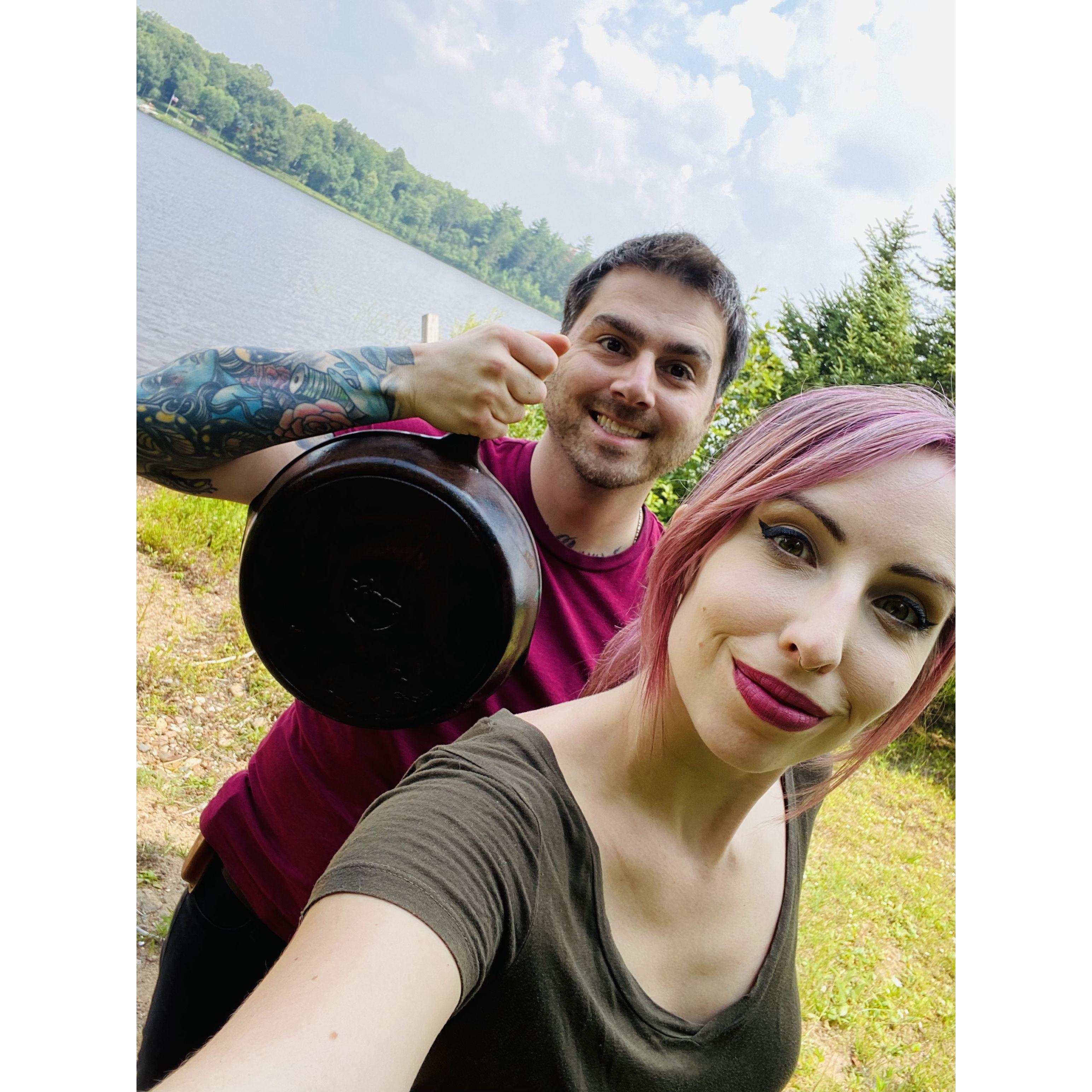 Eddie finds an old cast iron skillet in Alice's family cabins in Wisconsin.