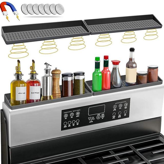 30" Magnetic Stove Top Shelf Spice Rack Storage, Silicone Top Heat Material Stove Rack Shelf Flexible Seasoning Organizer Kitchen Shelves Gadgets with 2 Functional Prtitions for Kitchen Organization