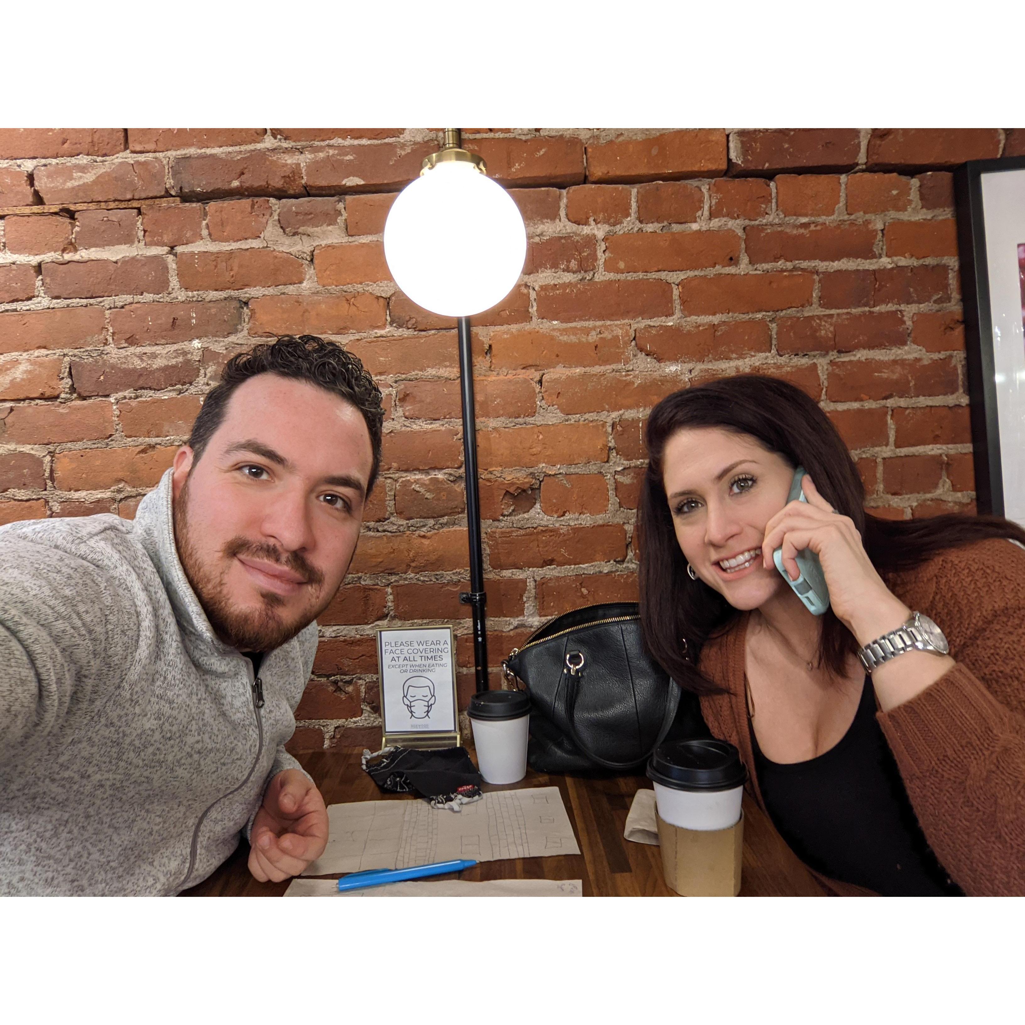 January 2021 - at the coffee shop planning Genny's business dream on a napkin with Aaron's support and sketches