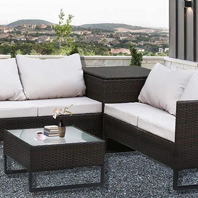 DLGJPA 4-Piece with Storage Box Outdoor Conversation Set Rattan Patio Furniture Bistro Sofa Chairs with Coffee Table （Brown+Light Gray
