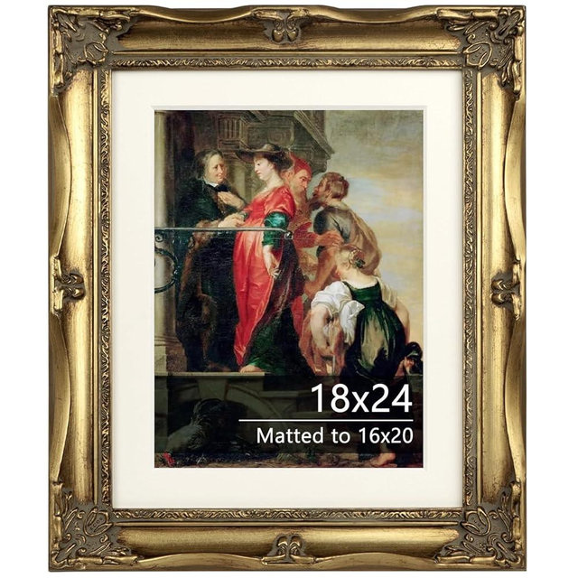Tacomany Vintage Gold Ornate Baroque Carved Wood Picture Frame with Mat (Gold, 18x24 matted to 16x20)