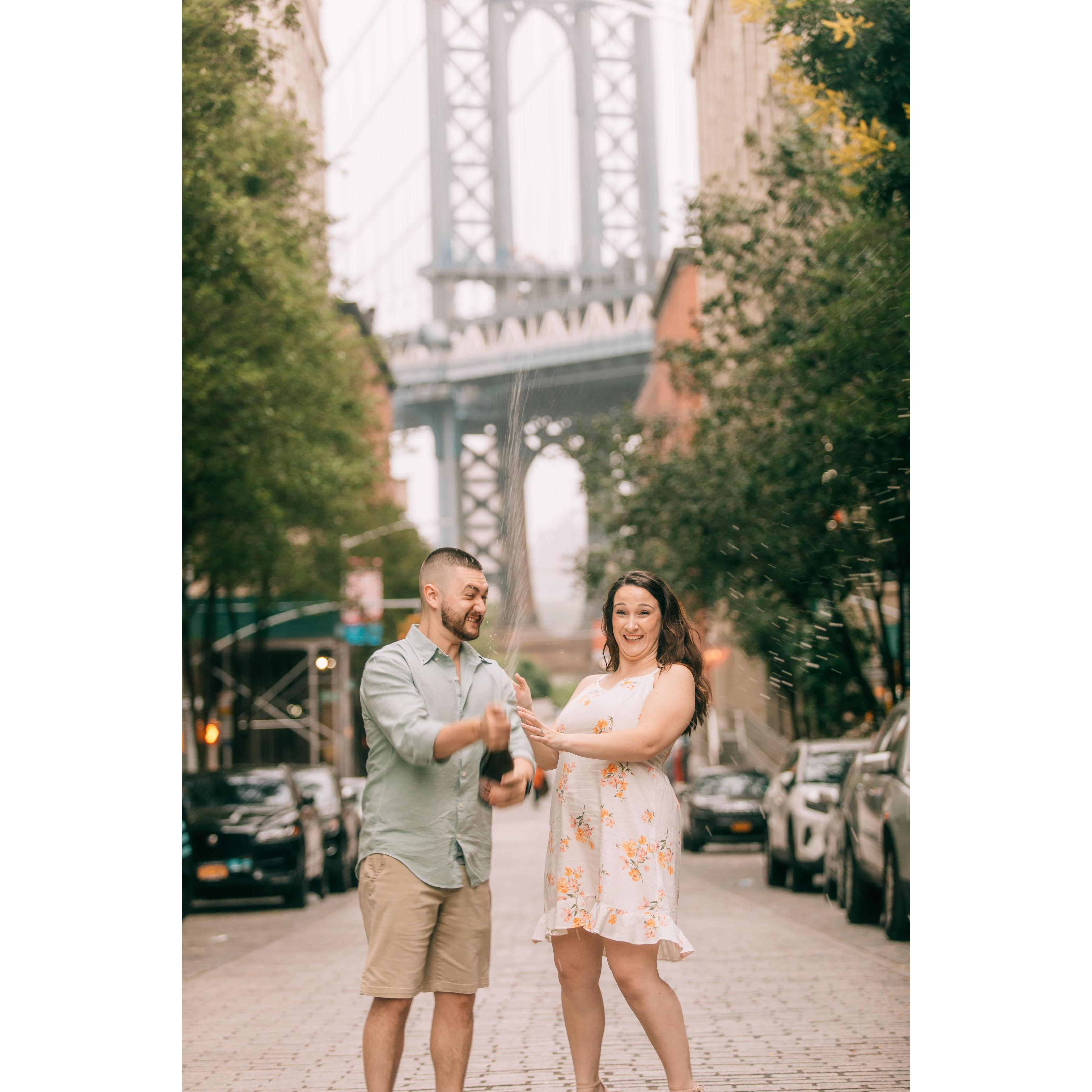 Yes we did pop champagne at 6:30 AM 
Engagement Shoot -Brooklyn Bridge