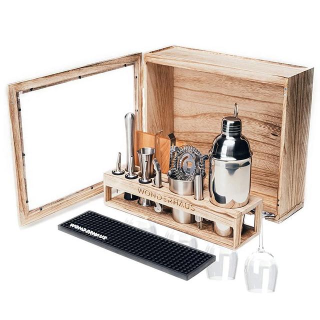 Mixology Bartending kit with stand, Barbox is Stylish Rustic 17-Piece Stainless Steel Bar Tools Cocktail Set, Glass Rack, Elegant Home Wall Decor Mini Bar