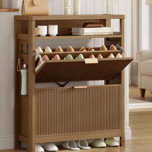 16 Pair Shoe Storage Cabinet with 2 Flip Drawers Open Cubby and Adjustable Shelves & Side Hooks Entryway - Brown Wood