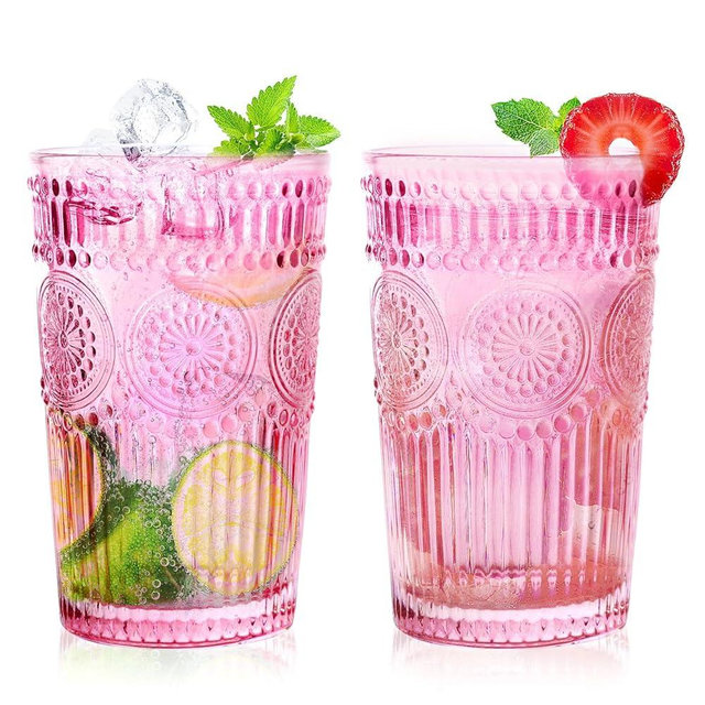 Loivttvv 6pcs Vintage Drinking Glasses Set, 12 oz Pink Highball Glasses, Embossed Ribbed Glassware Cups for Cocktail, Water, Juice, Coffee, Whiskey