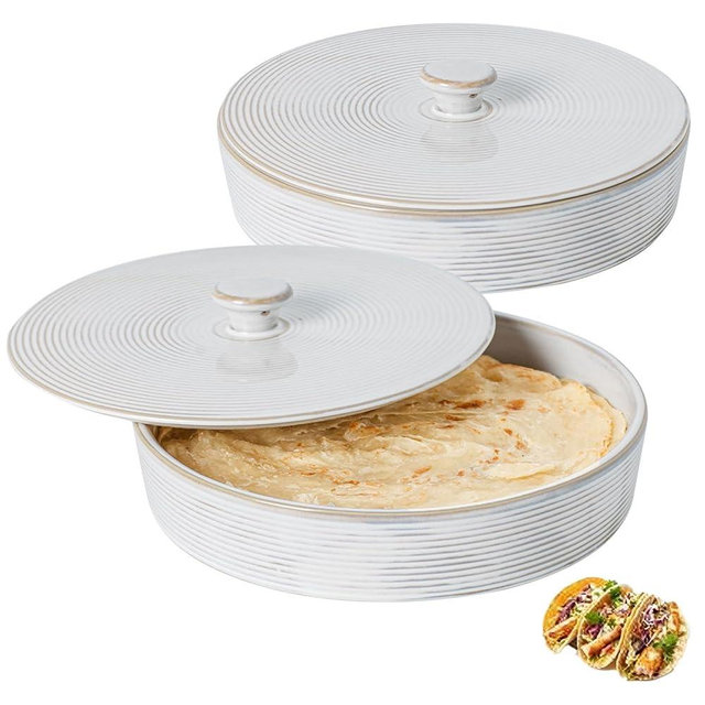 Feenmai 2 Pcs Tortilla Warmer, 9 inch Ceramic Tortilla Holder with Lids, Embossed Taco Holder Oven Microwave Safe, White Pancakes Warmer for Taco, Bread, Pancakes, Waffles, Keep Tortillas Warm