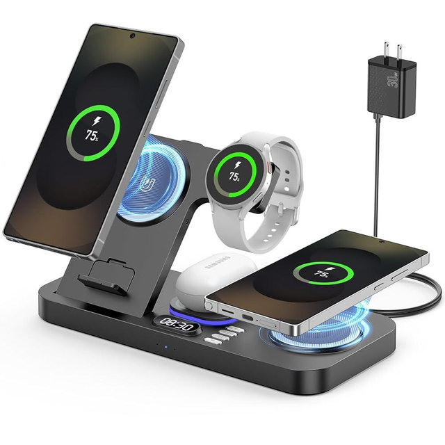 YiJYi 2026 Magnetic Wireless Charger for Samsung, 6 in 1 Charging Station,30W Dual Wireless Charger Phone with Clock & 7-Color Night Light,for Samsung S25,for Galaxy Buds for Samsung Galaxy Watch