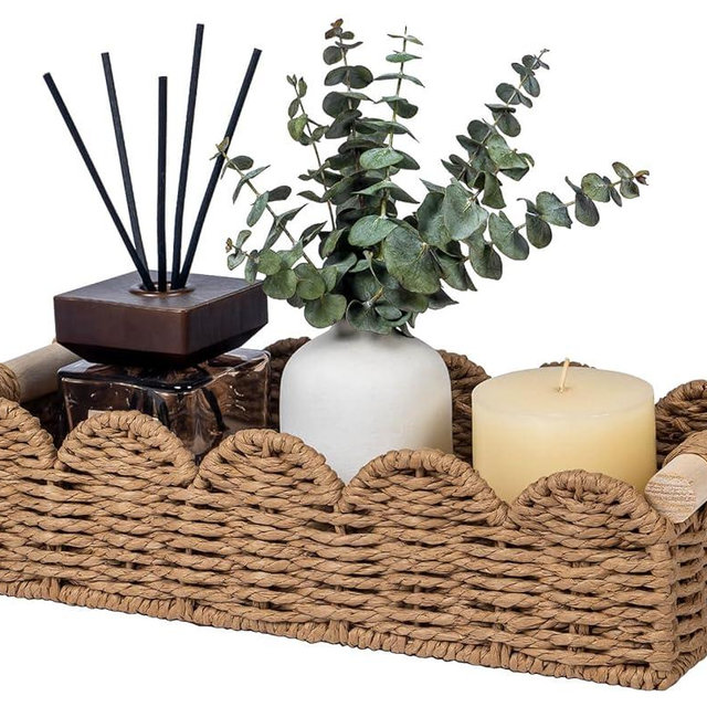 CubesLand Toilet Paper Storage Basket Organizer, Small Wicker Toilet Tank Top Decorative Baskets for Countertop, Handwoven Scalloped Basket w/handle for Home Decor, Living Room, Bedroom, Neutral