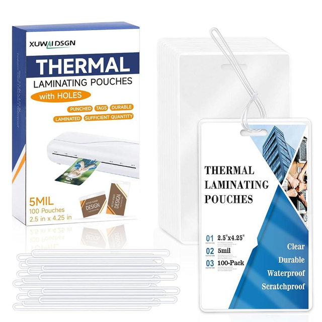 100 Pack 5 Mil Laminating Pouch with Clear Loop 2 1/2" x 4 1/4" Luggage Tag Laminating Pouches with Slot Hole Thermal Laminate Pouch Tags Kit Resealable for Work Permits Pass Cards Student ID Cards