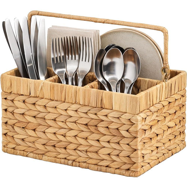 Best Choice Products Handwoven Silverware Organizer w/Handle, 4 Compartment Flatware Organizer, Shelf Storage Basket, Wicker Utensil Caddy, Cutlery Basket Holder for Party, Picnic, BBQ - Natural