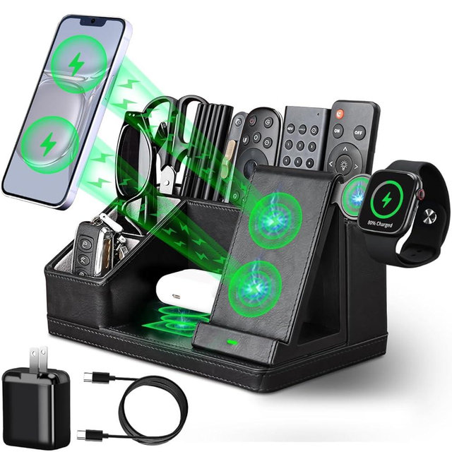 LADSTAG Black Leather Desk Organizer With Charging Station,Office Supplies Desk Accessories,Pen Holder for Desk,Remote Control Holder,Desk Organizer With Phone Charger,Nightstand Desktop Organizer