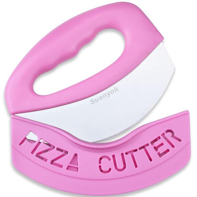 Suanyok Premium Pizza Cutter Food Chopper-Super Sharp Blade Stainless Steel Pizza Cutter Rocker Slicer with Protective Sheath Multi Function Pizza Knife Kitchen Tools,Dishwasher Safe (Pink)