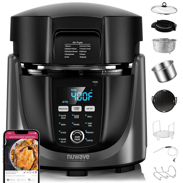 Nuwave Duet Electric Pressure Cooker & Air Fryer Combo, 450 IN 1 Slow Cooker & Grill with Integrated Digital Temp Probe, 6qt SS Pot, Adjustable High/Low Pressure, Built-in Sure-Lock Safety Tech