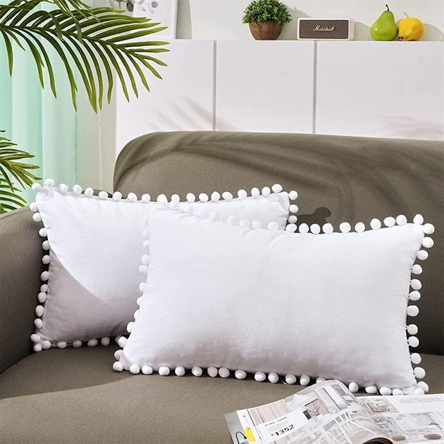 Top Finel Decorative Throw Pillow Covers with Pom Poms Soft Particles Velvet Solid Cushion Covers 12 X 20 for Couch Bedroom Car, Pack of 2, Pure White