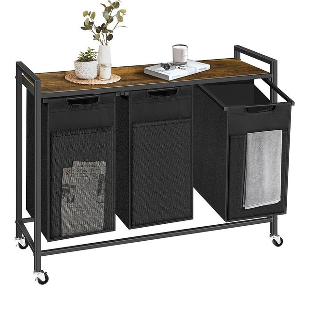 Laundry Sorter, Laundry Basket with 3 Pull-Out Removable Oxford Fabric Bags, 3 x 10.6 Gallons, Total 120L, Cloth Laundry Hamper with a Top Shelf 36.4"x13" (Black and Rust)