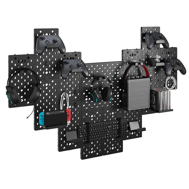 PEGZONE Controller and Headphone Holder Wall Mount, Modular Gaming Pegboard with Accessories, Controller Stand for Xbox PS5 PS4 Switch, Video Game Storage, Disc Shelf Organizer, 14pcs Pegboard, Black