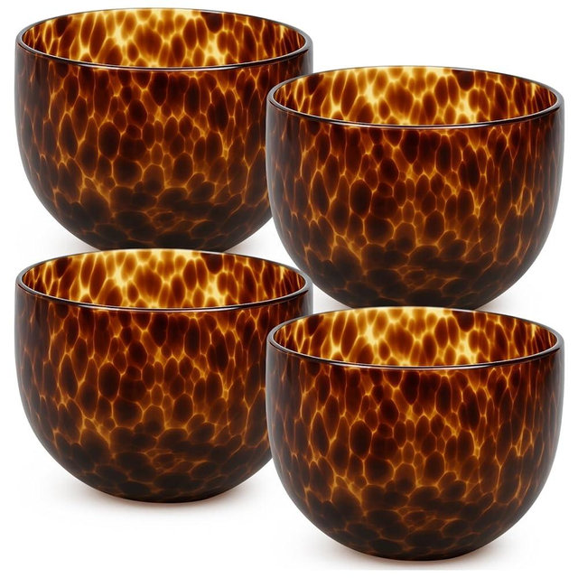SiliFine 4 Pcs Tortoise Shell Pattern Bowls Brown 12 oz Tortoise Leopard Print Glass Bowl for Kitchen Serveware and Accessories Small Bowls for Bouillon Dishes Dessert Fruit 4.5 Inch Diameter