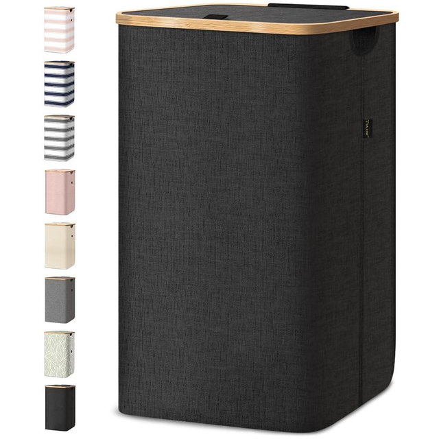 BALEINE Laundry Hamper with Lid, Tall Laundry Baskets with Bamboo Pull Handles, Large Laundry Bin with Internal Support (18 Gal/70L, Black)