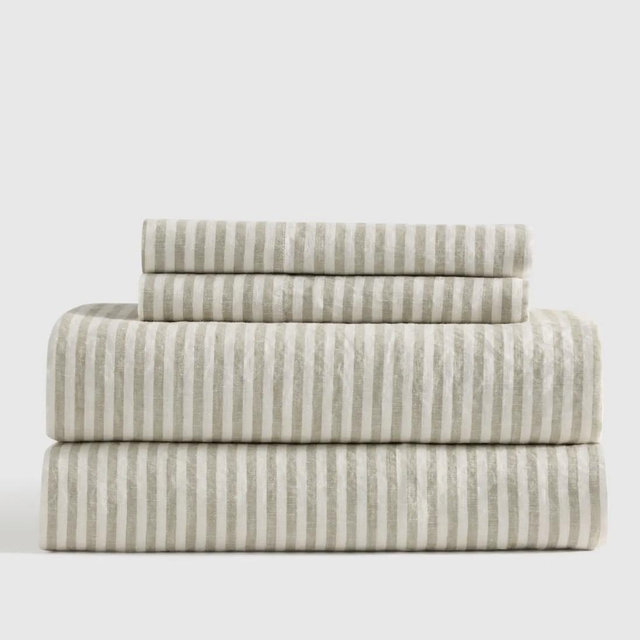 European Linen Sheet Set- Willowleaf/white stripe