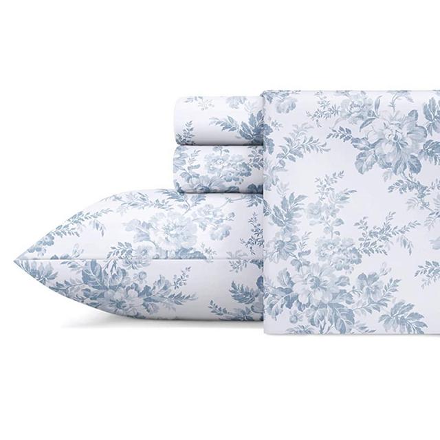 Laura Ashley Home| Vanessa Collection | Premium Super Soft 100% Cotton Flannel Sheet Set, Anti-Wrinkle, Anti-Fade, Stain Resistant & Hypoallergenic (Queen, Blue) (USHSA01164674)