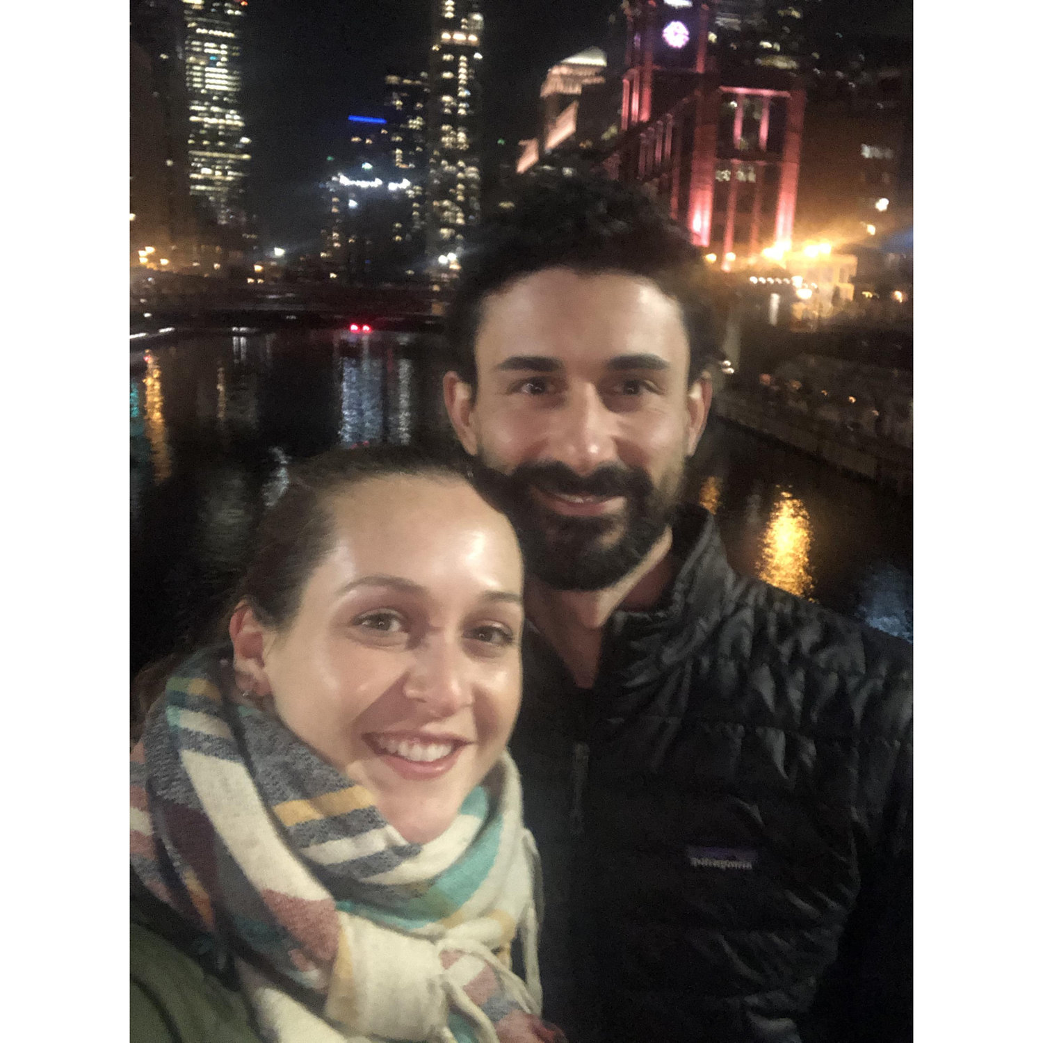 Moments after Dan proposed on a bridge over the river in downtown Chicago. On a Tuesday!