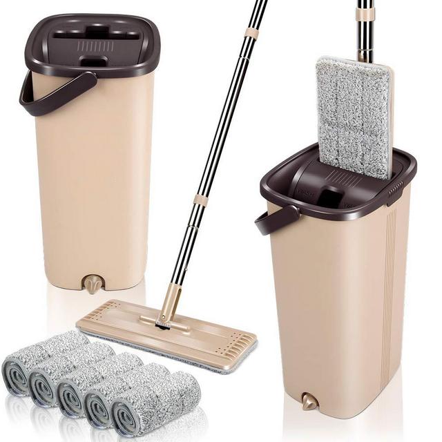 Squeeze Flat Floor Mop and Bucket Set with 5 Microfiber Mop Pads Refills Easy Self-Wringing Cleaning Mop Bucket Wet and Dry Use for Hardwood Laminate Tile Ceramic Marble Floors Cleaning