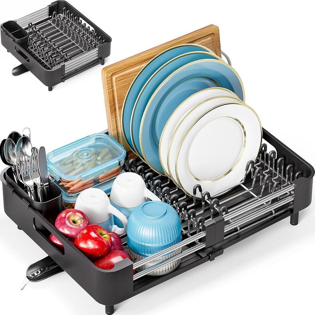 Dish Drying Rack for Kitchen Counter, Extendable Dish Rack with Drainboard, Collapsible dish drainer, Expandable Dish Strainer with Cutlery Holder, Foldable Home Countertop Plate Storage Rack, Black
