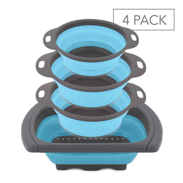 Homeries Kitchen Collapsible Colander (Set of 4) – One 6-Quart, Two 4-Quart & One 2-Quart Folding Silicone Food Strainer with Ergonomic Handles
