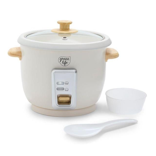 GreenLife PFAS-Free, 6-Cup Rice Oats and Grains Cooker, Healthy Ceramic Nonstick, Easy to Use Automatic Presets, Wood Print Handles, One Switch Design, Dishwasher Safe Parts, Measuring Cup, Rice Paddle, Cream