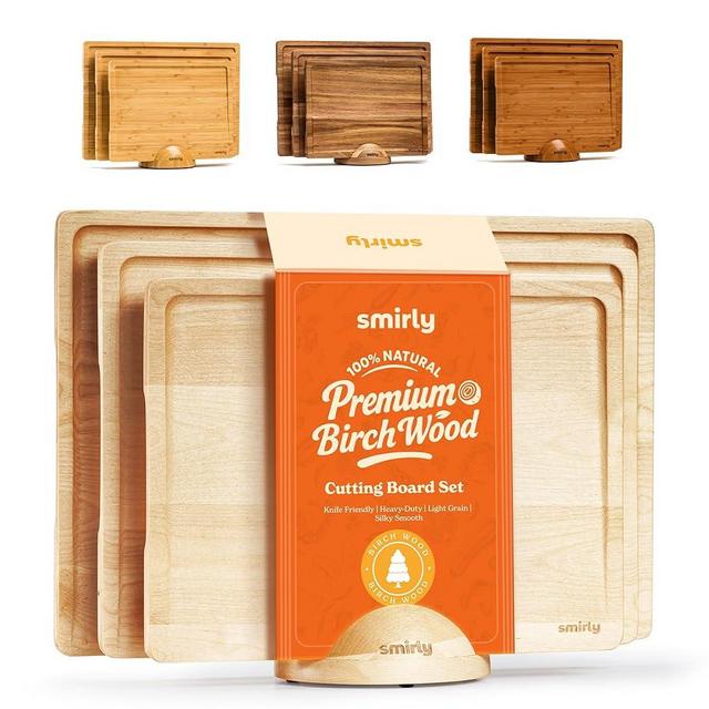 SMIRLY Wood Cutting Boards for Kitchen Wooden Chopping Board Set Reversible with Deep Juice Grooves Grip Handles, Large Charcuterie Tray for Home Kitchen, Natural Birch, 3Pcs with Holder