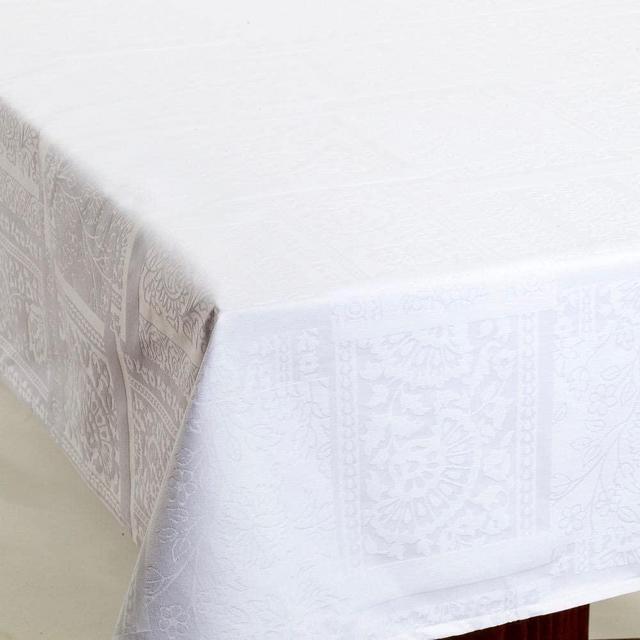 Amelie Michel French Damask Jacquard Tablecloth in Carmagnole, White | Stain Resistant, Easy-Care, Machine Washable Fabric Made in France [60" x 96" Rectangle]