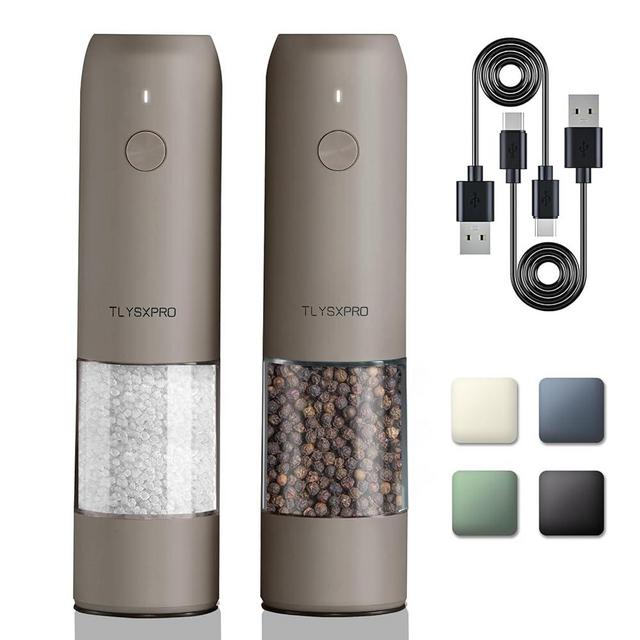 Electric Salt and Pepper Grinder Set, USB Rechargeable, Automatic Salt and Pepper Mill Grinder with Adjustable Coarseness, Electric Salt Shakers, LED Light, Refillable (2 Packs, Greige)