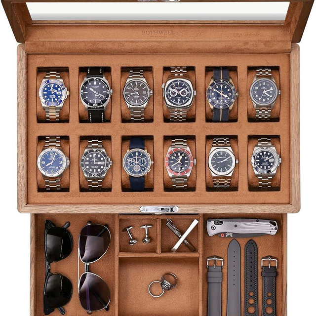 ROTHWELL 12-Slot Solid Walnut Watch Box with Valet Drawer - Premium Jewelry Display Case Organizer with Locking Glass Top and Microsuede Liner for Men & Women (Tan Interior)