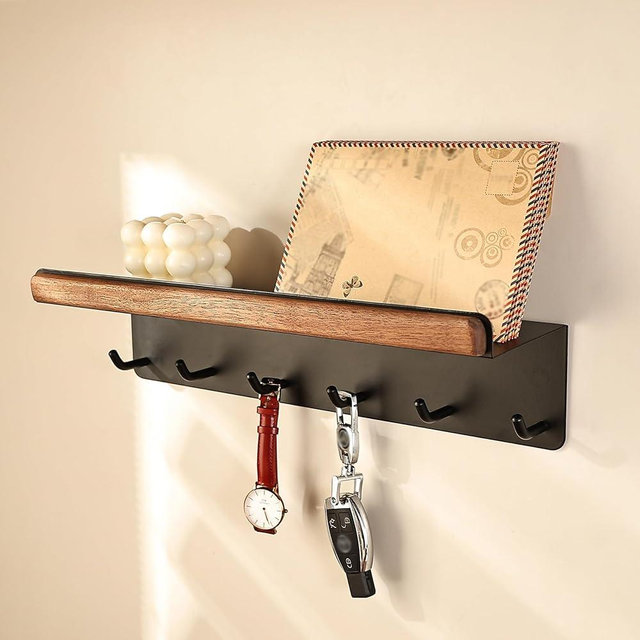 AVAIENE Wall Mounted Key Holder/Hangers for Wall Decorative with 5 Key Hooks,Wall Mounted Key Racks, Wooden Mail Organizer with Hooks for Entryway(Brown,4.3"x12"x4.1")