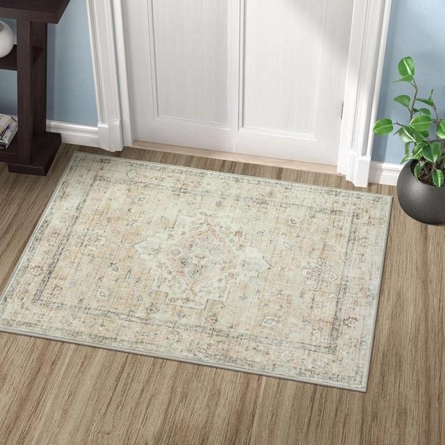 LIVEBOX Washable Area Rug 2x3 - Farmhouse Indoor Entry Rug Mat Boho Low-Pile Small Neutral Rug Front Door Rug, Floral Door Mat Carpet Non-Slip Farmhouse Rug for Entryway Bathroom, Tan Beige