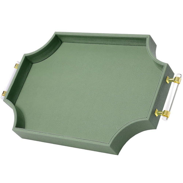 22.6'' × 13'' Coffee Table Tray Shagreen Decorative Tray for Ottoman Home Decor Serving Tray with Acrylic Gold Handles Modern Elegant Scalloped Large Ottoman Tray
