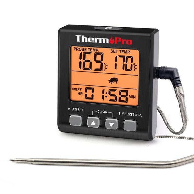 ThermoPro TP16SW Digital Meat Cooking Smoker Kitchen Grill BBQ Thermometer with Large LCD Display with Backlight for Oven Smoker Grill Turkey in Black