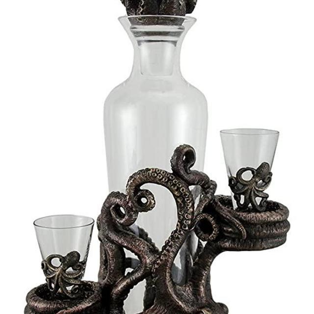 Octopus Spirit Decorative Antique Bronze Finish Statue and Glass Decanter Set