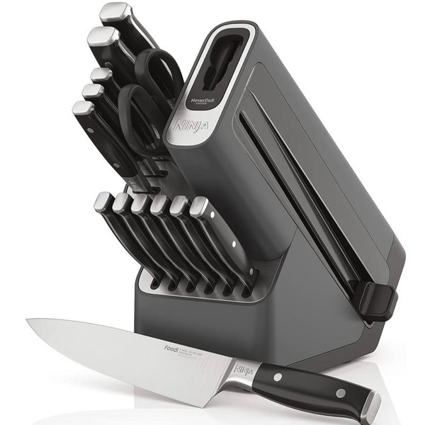 Ninja Knife Set, Knife Sharpener, Knife Block Set, Stainless Steel Knives, 14 Piece Set, Steak Knives, Chef Knives and More, Foodi NeverDull, Black, K32014