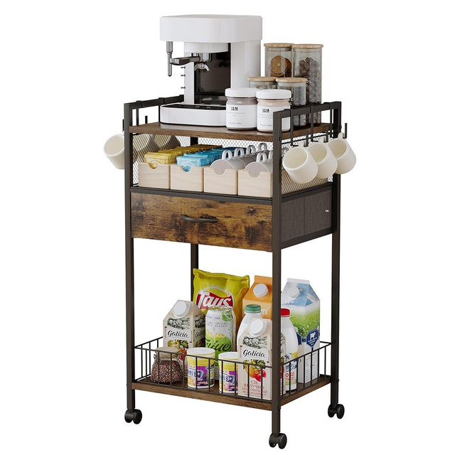 Small Coffee Bar Cart with Drawer Srorage, Coffee Bar Station Organizer Mug Cup Holder Stand, 3-Tier Coffee Table for Home Buffets & Sideboards, Office Coffee Station for Kichen, Entryway, Living Room