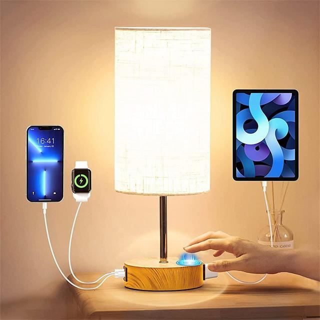 【Upgraded】Touch Control Table Lamp with USB A+C Charging Ports & AC Outlet 3-Way Dimmable Bedside Lamps Modern Nightstand Lamp with Linen Fabric Shade for Bedroom Living Room(E26 Light Bulb Included)