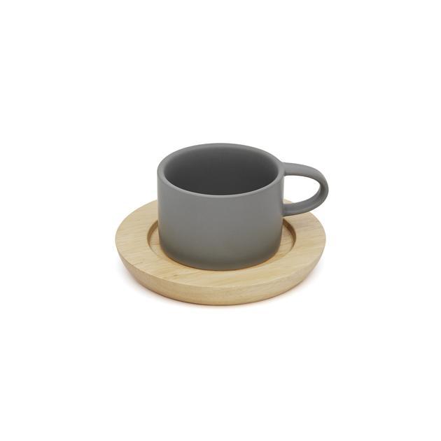 Mia Mug & Wood Saucer Set — Gray