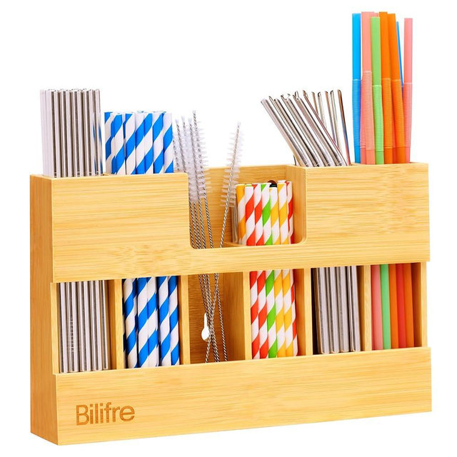 Bilifre Bamboo Straw Holder Organizer, Extra Large 10.8”,6-Compartment Long & Short Straw Organizer for Cabinet, Fridge & Counter, Magnetic & Adhesive Bamboo Kitchen Organizer