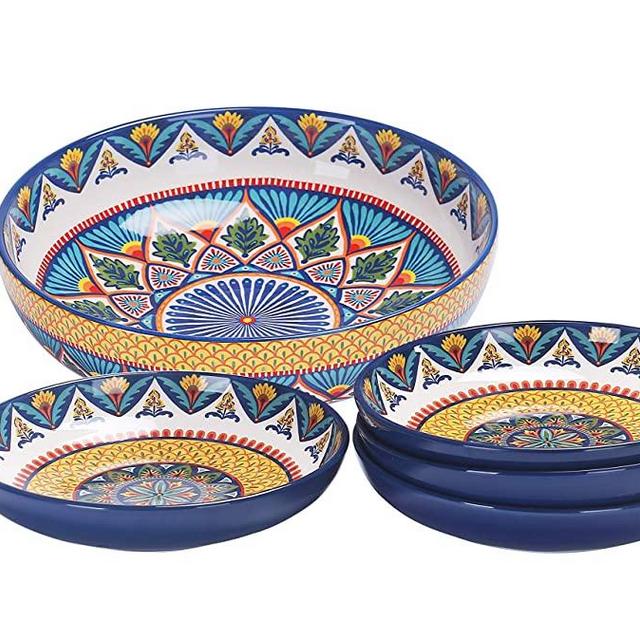 Bico Havana Ceramic Pasta Bowl, Set of 5(1 unit 214oz, 4 units 35oz), for Pasta, Salad, Microwave & Dishwasher Safe