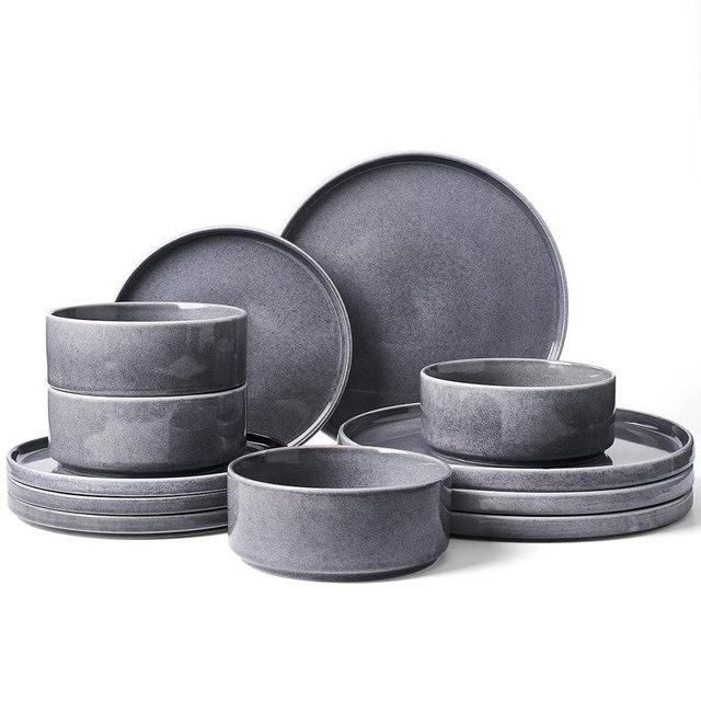 Famiware Annecy Plates and Bowls Sets, 12 Pieces Dinnerware Sets, Microwave and Dishwasher Safe Dishes Set for 4, Chip and Scratch Resistant, Misty-Blue