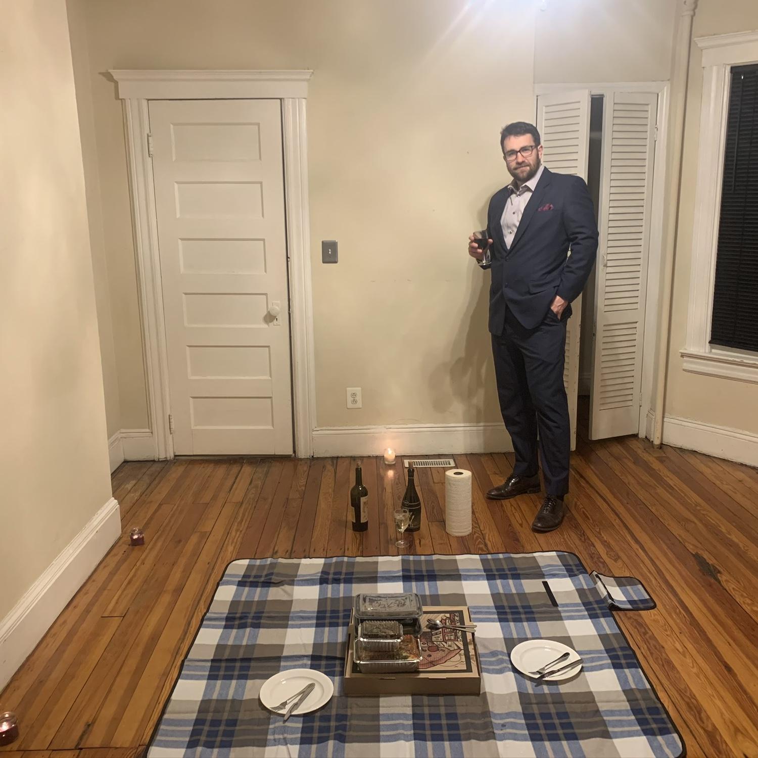 A very Covid date night in the empty apartment below Scott's in Cranford.