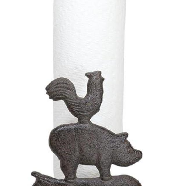 Ebros Gift 13" Tall Cast Iron Rustic Western Farmhouse Barn Animals Stacked Rooster Chicken Pig Cow Paper Towel Holder Display Dispenser Stand Counter Top Kitchen Accent