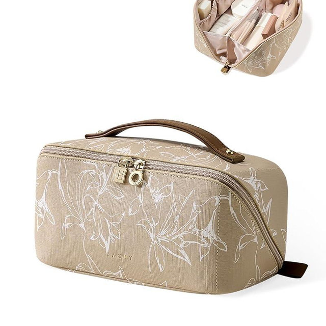 EACHY Travel Makeup Bag, Large Capacity Cosmetic Bags for Women, Waterproof Portable Pouch Open Flat Toiletry Bag Pattern Makeup Bag (F-Brown)