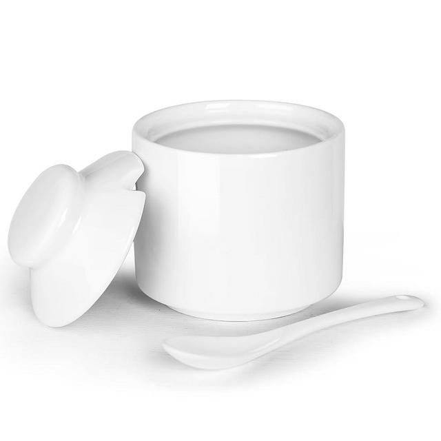HAOTOP 8 oz Sugar Bowl with Lid and Spoon,Ceramic Sugar Jar Sugar Dispenser Sugar Container Coffee Bar Accessories, Kitchen Countertop Canisters (White)